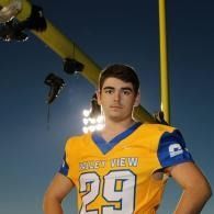 Football player in a yellow and blue jersey, number 29, standing under stadium lights at night