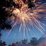 Fireworks bursting in the twilight sky above silhouetted trees and rooftops