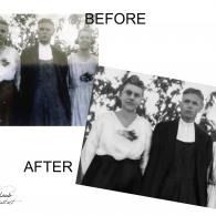 Before-and-after comparison of a black-and-white wedding photo, rotated at an angle.