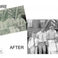 Before-and-after grayscale photos of two boys standing outdoors near a wooden structure.