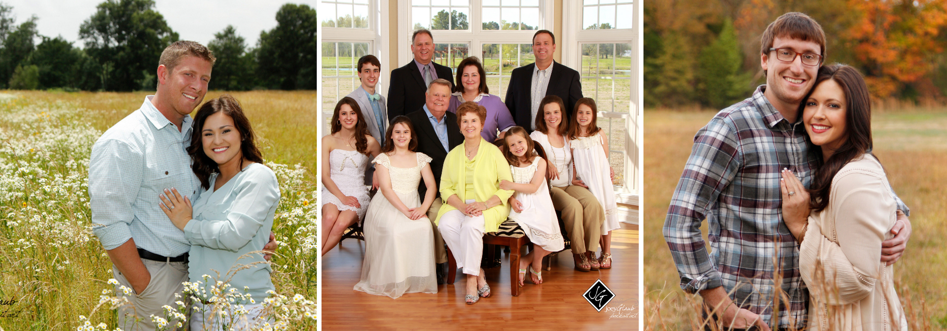 Three family portraits: a couple in a field, a seated bridal party indoors, and a couple embracing outdoors.