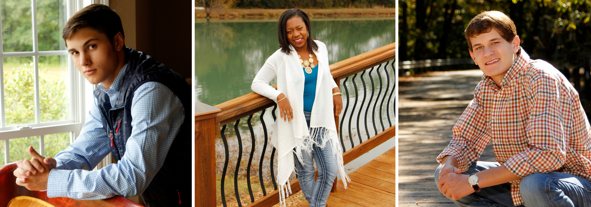 Three people posing by a lakeside railing: one seated, one standing, one leaning, all in casual clothes