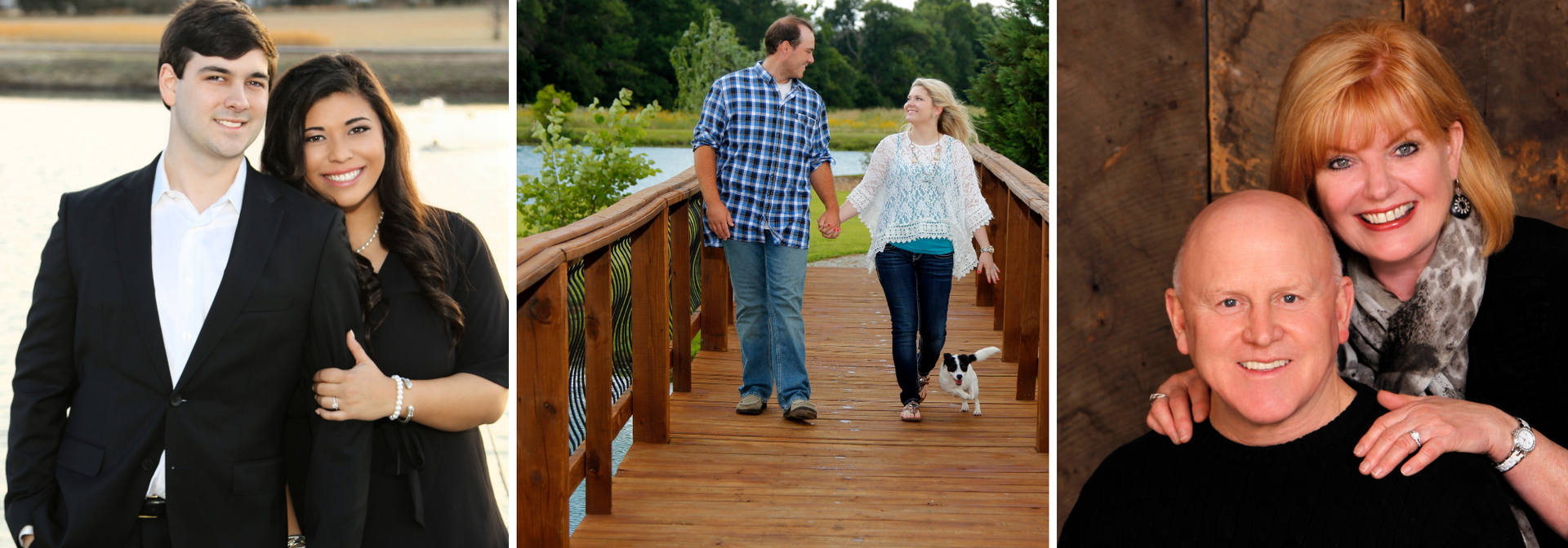 Three couple photos: standing together, walking on a wooden bridge, and a smiling close-up portrait