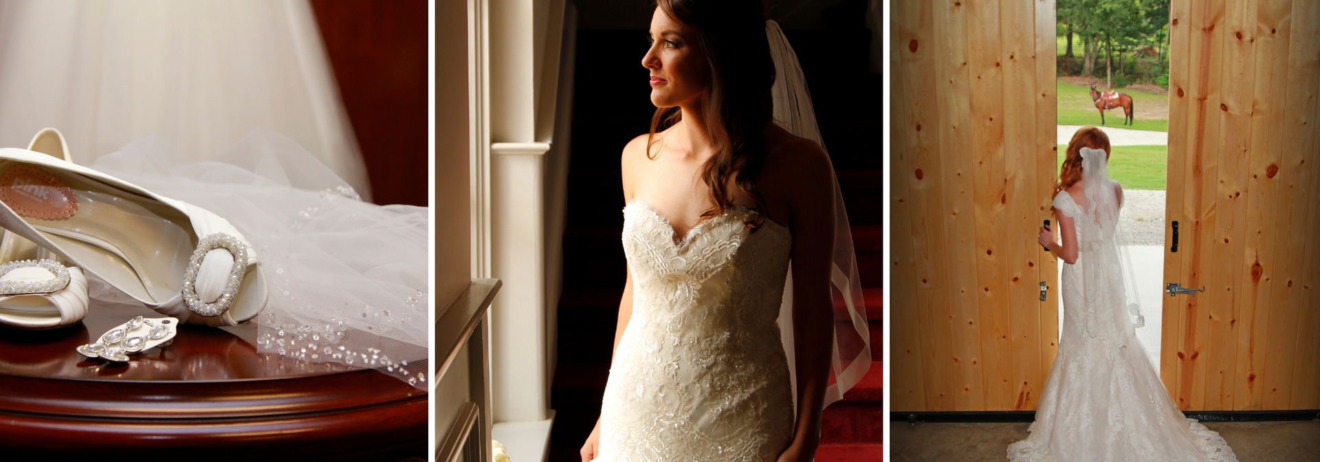 Wedding collage: table setting, bride in a white gown, and bride standing in a wooden doorway.