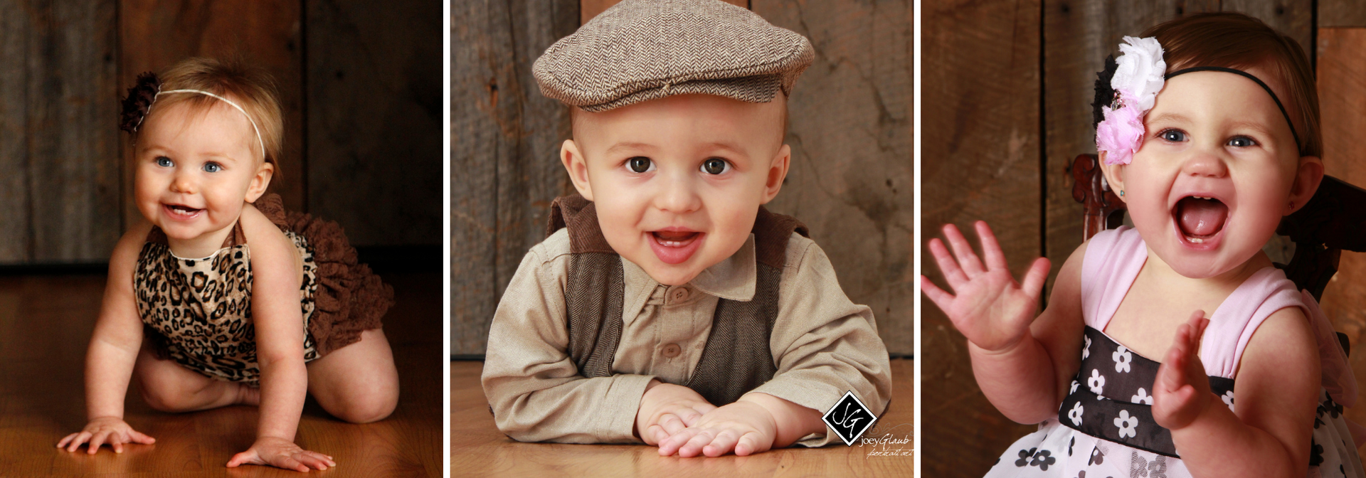 Three baby portraits in a row, each smiling and wearing different outfits and hats against a dark background.