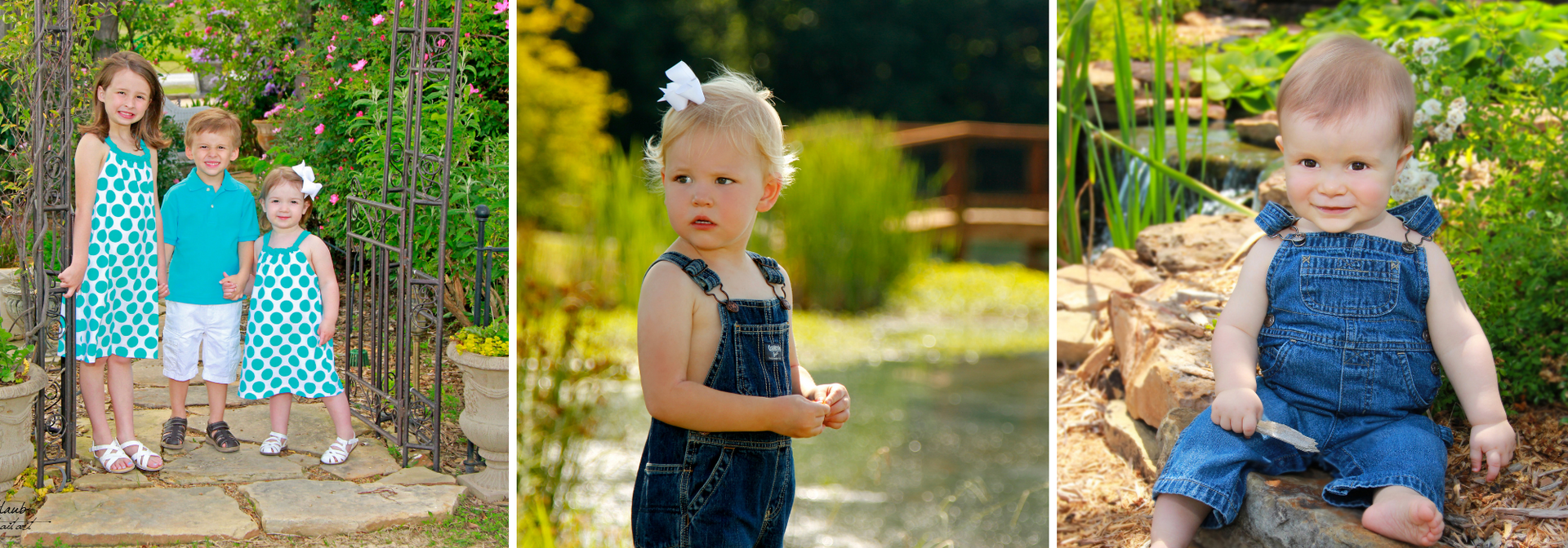 Three picture collage: Three young children in matching blue outfits posing outdoors in a garden.