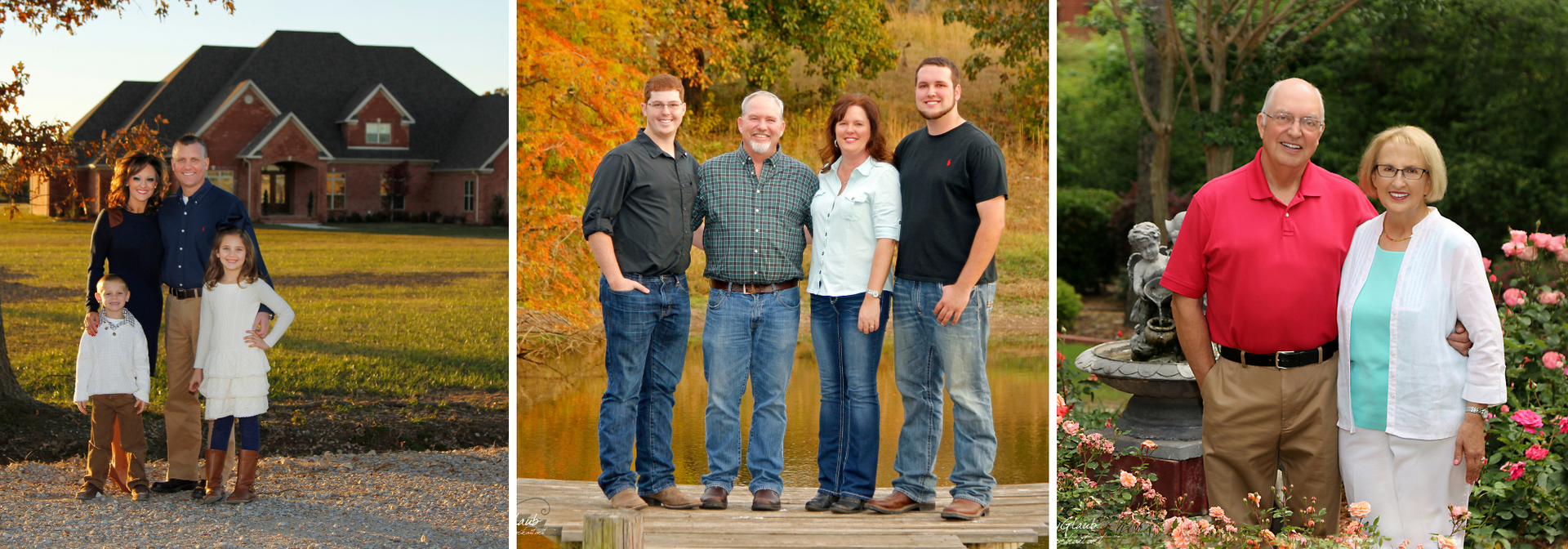 Three family portraits: a home at sunset, a group standing outdoors, and a couple in a field