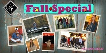 Fall Special collage with colorful text and multiple autumn-themed photos on a gray background