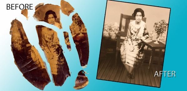 Before-and-after photo restoration: faded damaged photo beside restored sepia portrait.