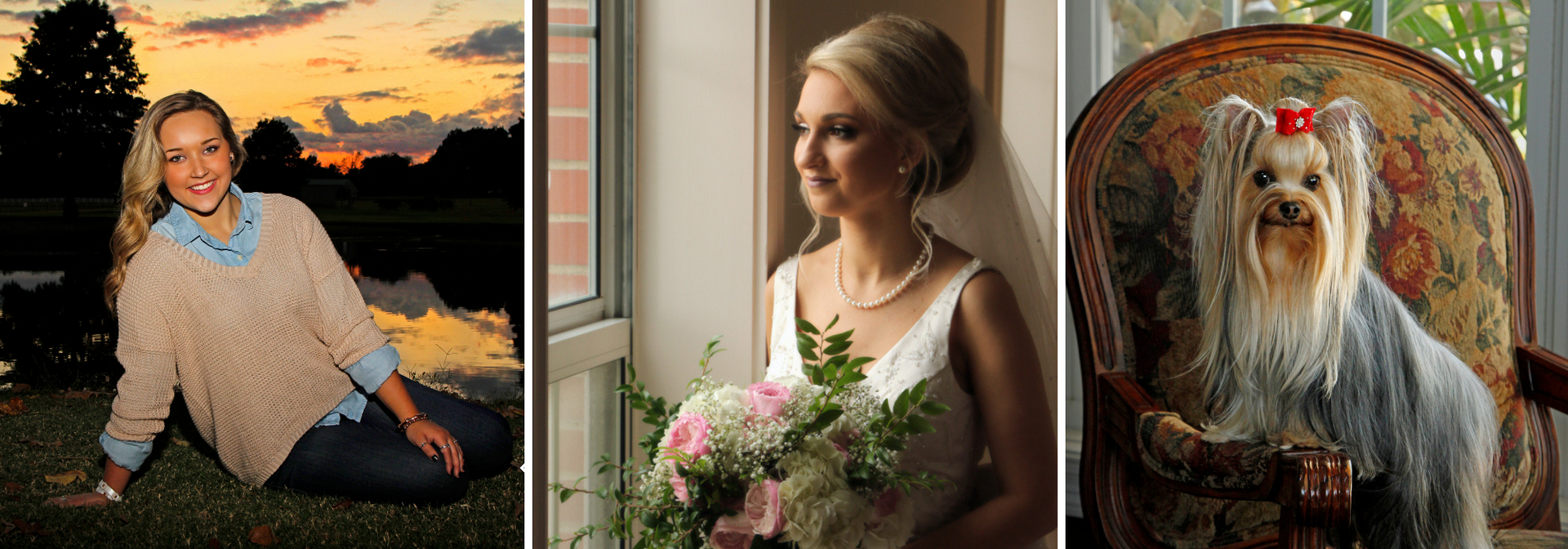 Three side-by-side portraits: a woman outdoors at sunset, a bride holding flowers, and a long-haired dog in a chair
