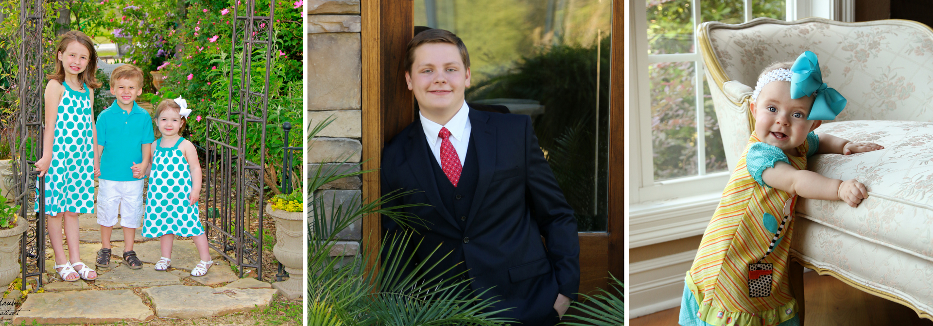Three family photos: children outdoors, a young man in a suit, and a child leaning on a wooden fence