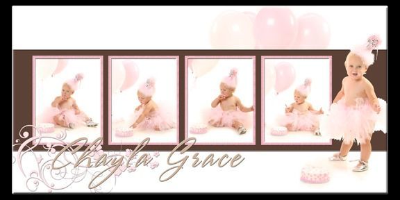 Pink baby-themed collage with framed ballerina photos, balloons, and decorative cursive text reading