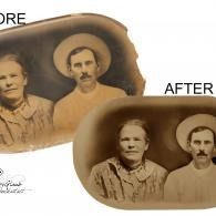 Before-and-after restored vintage portrait on a sepia-toned plaque with an elderly couple.