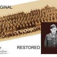 Sepia group photo labeled “ORIGINAL” and “RESTORED,” with a small black-and-white portrait inset.