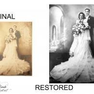 Side-by-side sepia “original” and black-and-white restored wedding portrait of a bride and groom