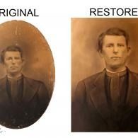 Side-by-side sepia portrait comparison labeled “ORIGINAL” and “RESTORE” of a man, with the restored version clearer