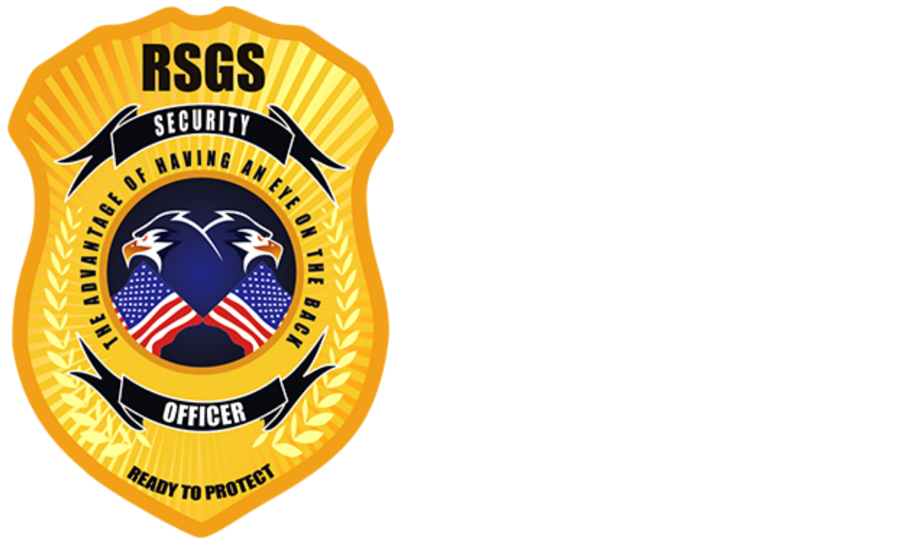 Gold RSGS security badge with eagle, stars, and red-white-blue shield emblem