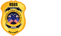 Gold RSGS security badge with eagle, stars, and red-white-blue shield emblem