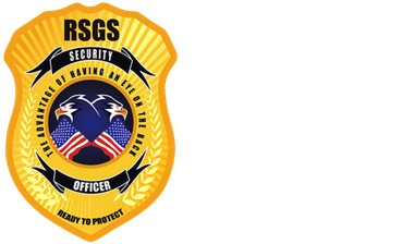 Gold RSGS security badge with eagle, stars, and red-white-blue shield emblem