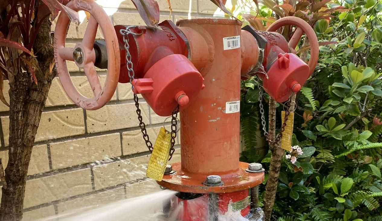 A Red Fire Hydrant Is Spraying Water In Front Of A Brick Wall — Bay City Plumbing in Torquay, QLD