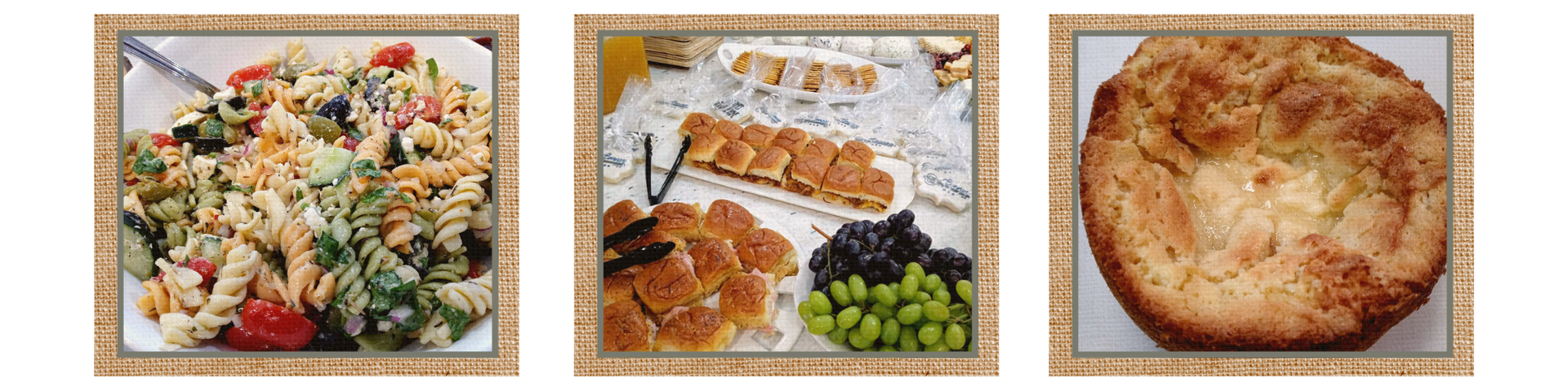 Three food photos: mixed salad, plated dessert with grapes, and a baked pie.
