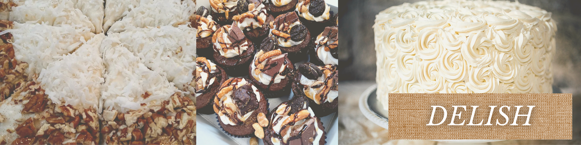Three dessert cakes: powdered, chocolate-covered, and a white frosted cake with a DELISH label