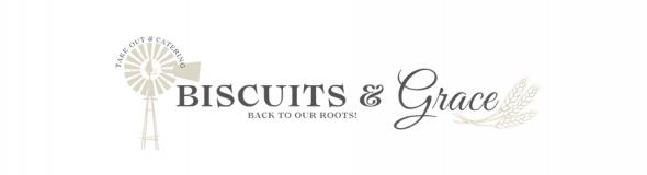 Biscuits & Grace logo with a pale windmill icon and light elegant lettering on a white background