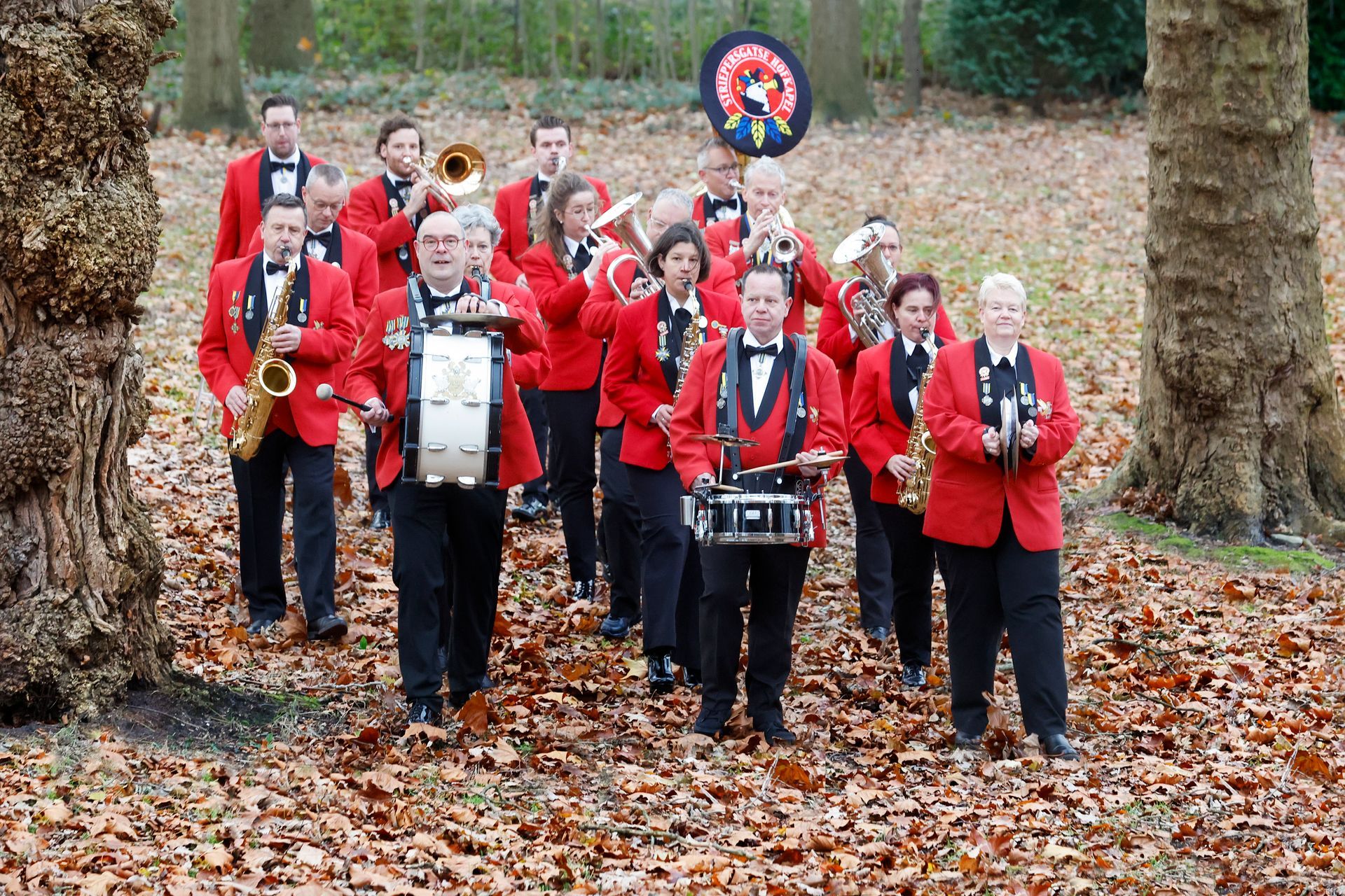 Een band marcheert door een bladerveld