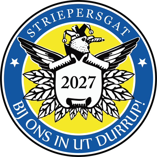 Een blauw en geel embleem met het jaartal 2025 erop