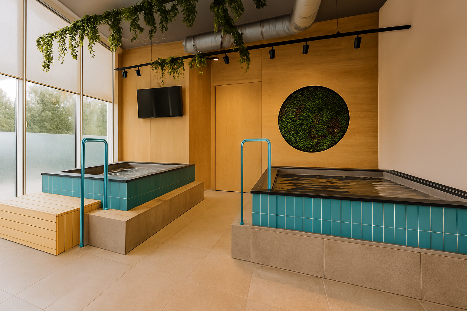 Two turquoise pools on raised platforms in a spa with wooden paneling, greenery, and large windows.