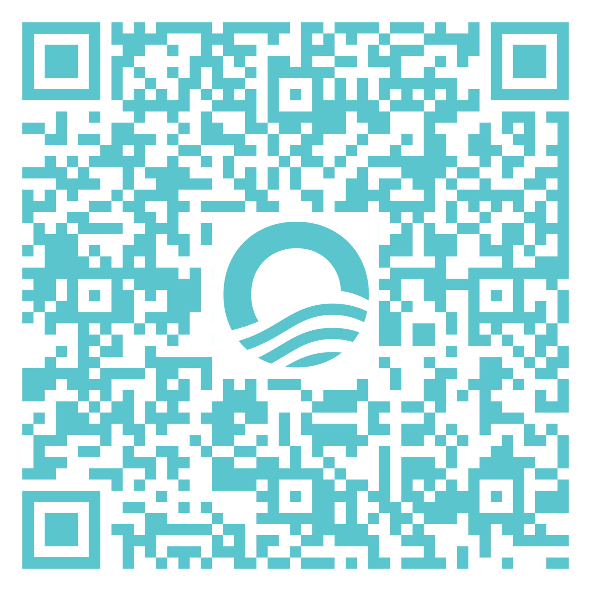 QR code with a blue and white logo of a sun and waves in the center.