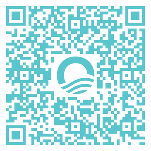 QR code with a blue and white logo of a sun and waves in the center.