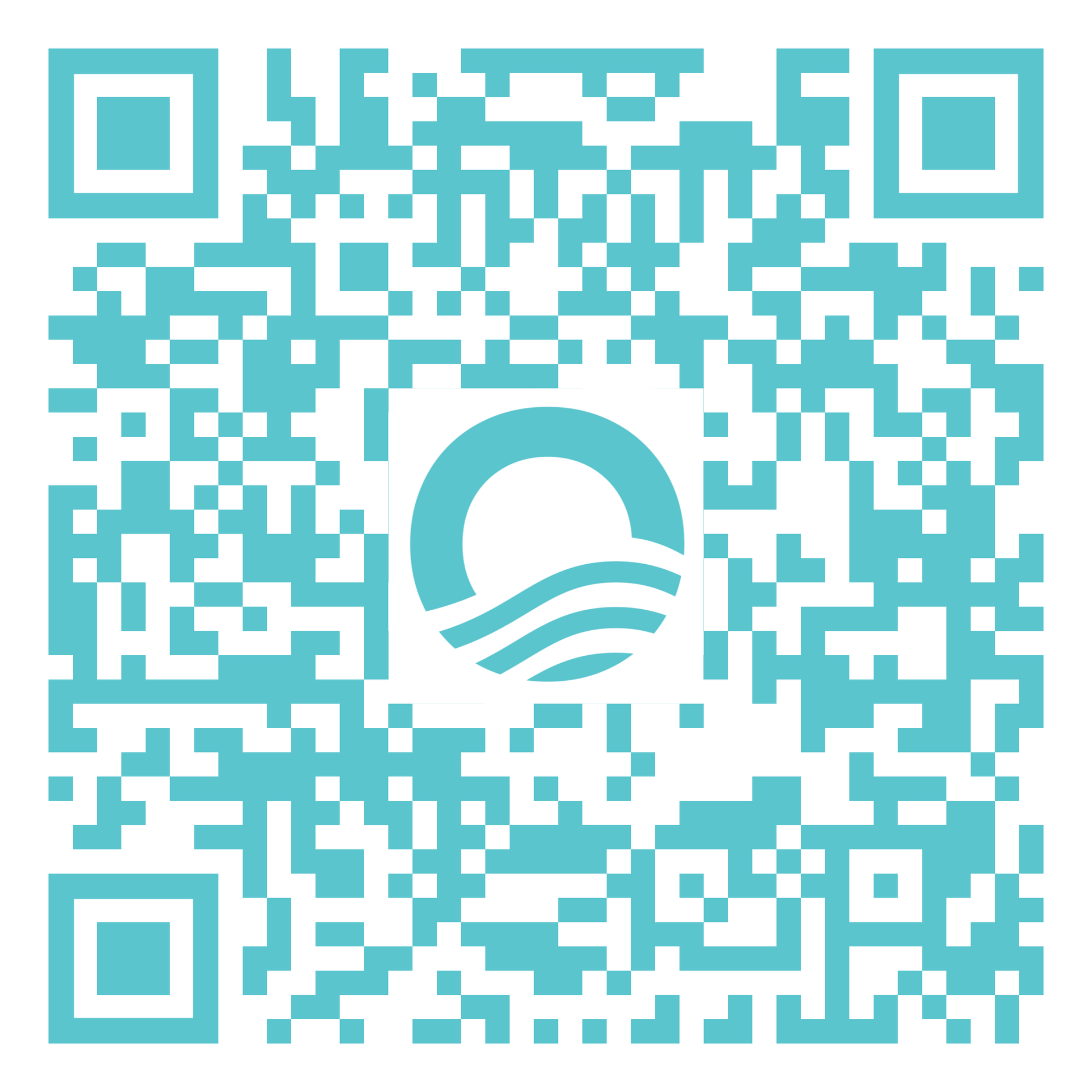 QR code with turquoise blocks and a logo of a circle above wavy lines in the center.