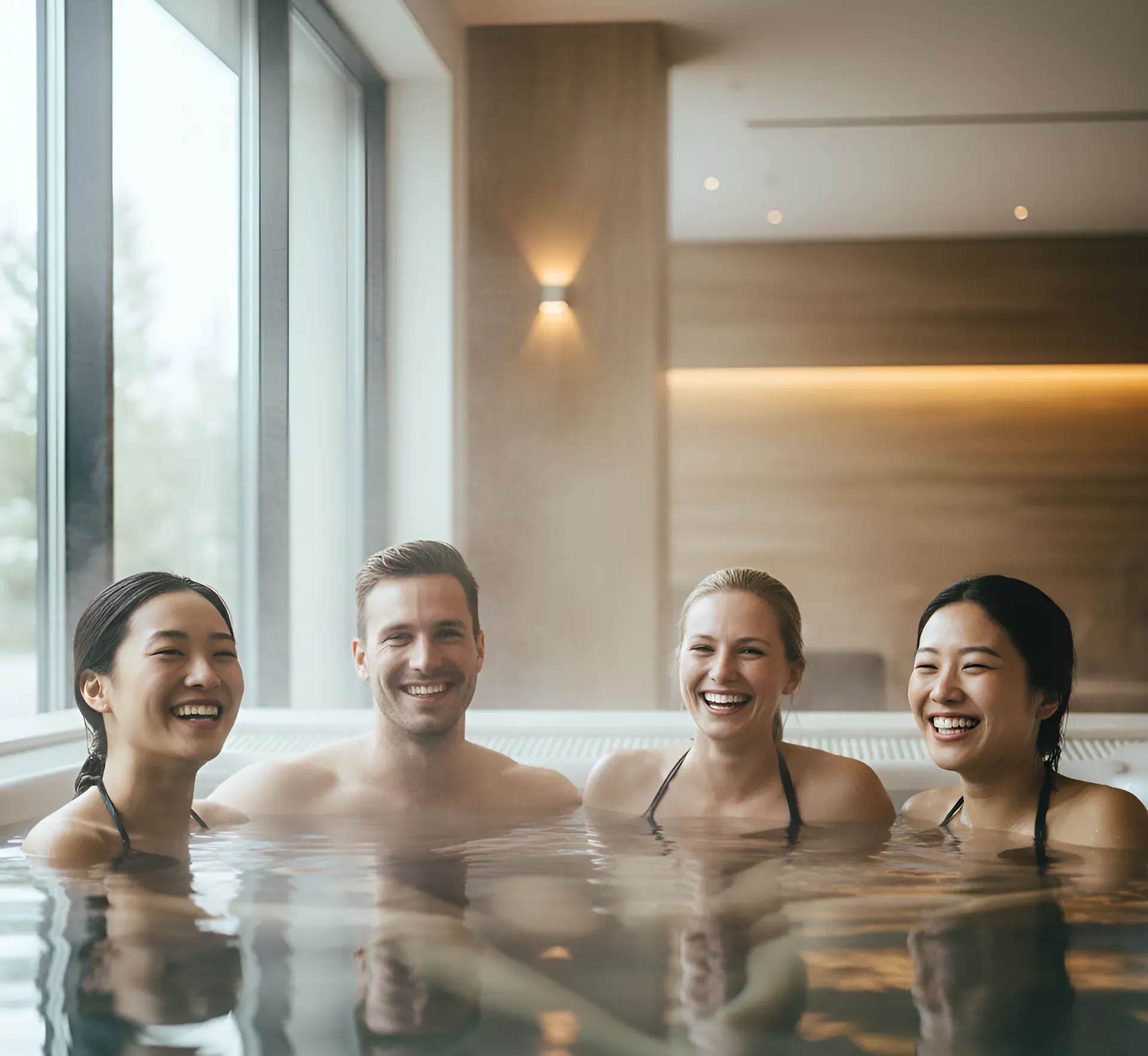 Four people smiling in a spa pool, steam rising. Large window in the background.