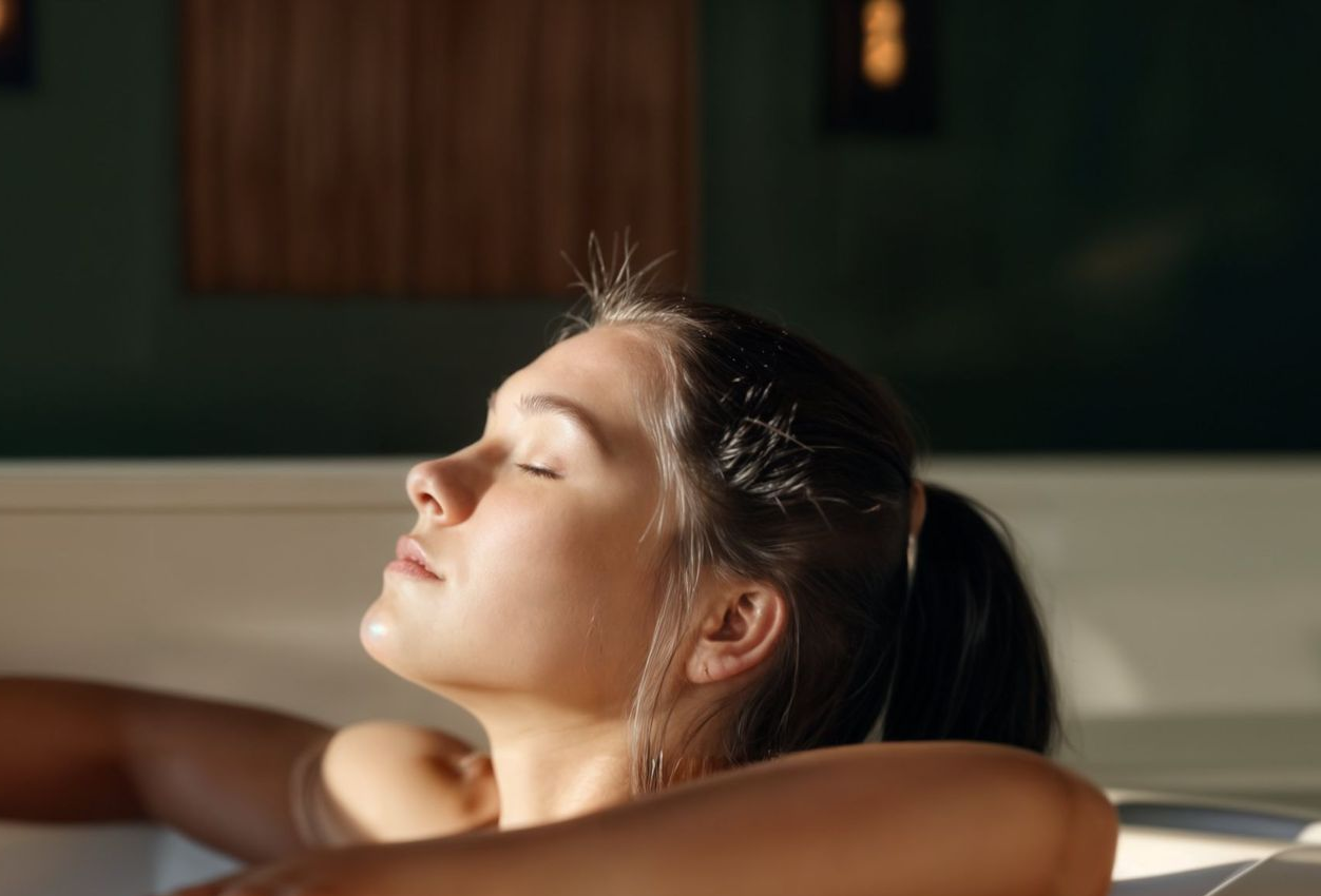 Woman relaxing in a bathtub, eyes closed, arms resting on sides, sunlight on face.