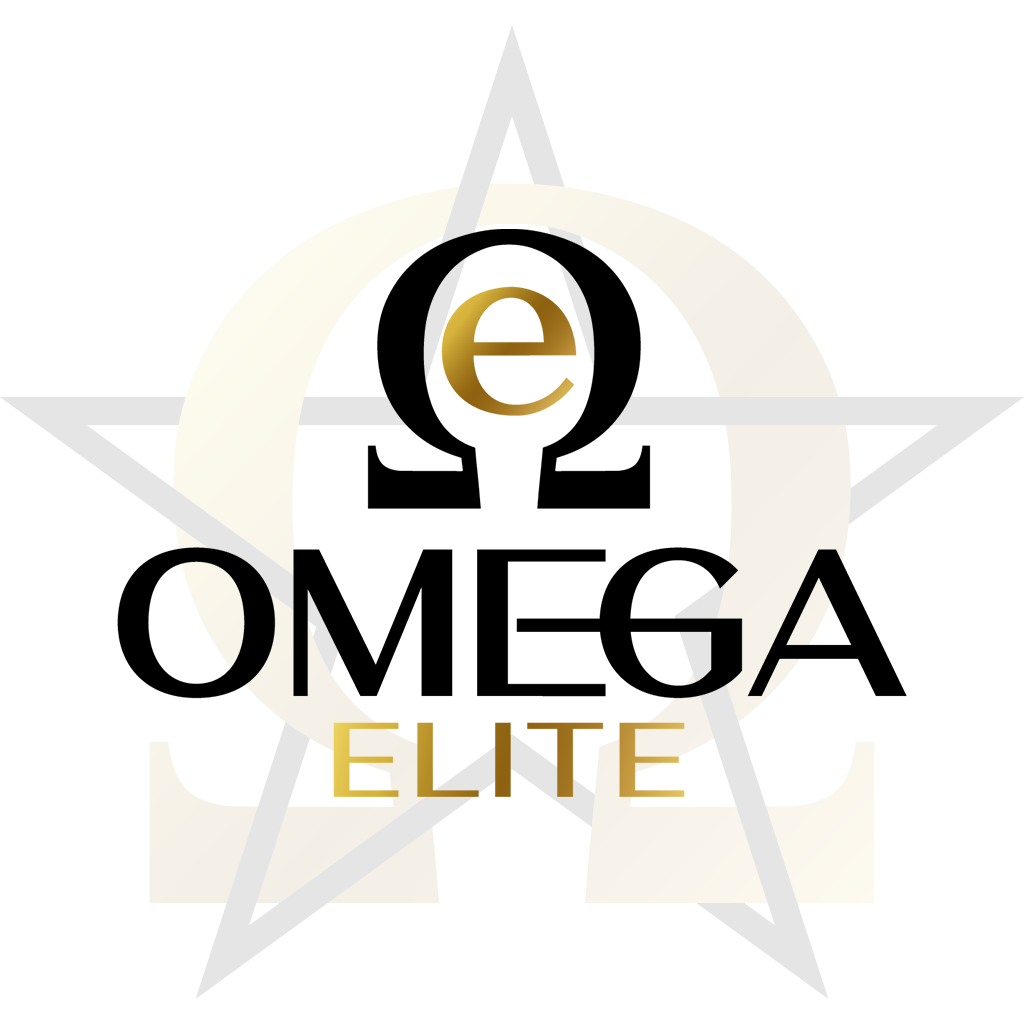 A logo for omega elite with a star in the background