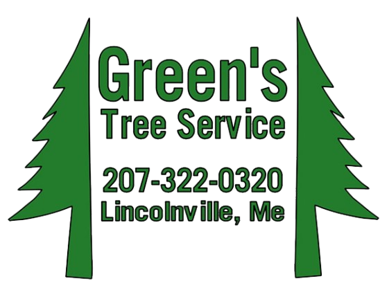 Green's Tree Service logo with green text and pine trees. Phone number and Lincolnville, ME address included.