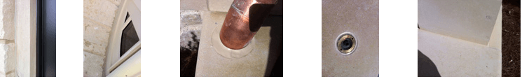 Cropped images showing building surfaces, a hand, and a hole.