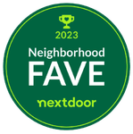 A green sticker that says neighborhood fave nextdoor