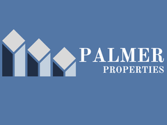 A palmer properties logo that is blue and white