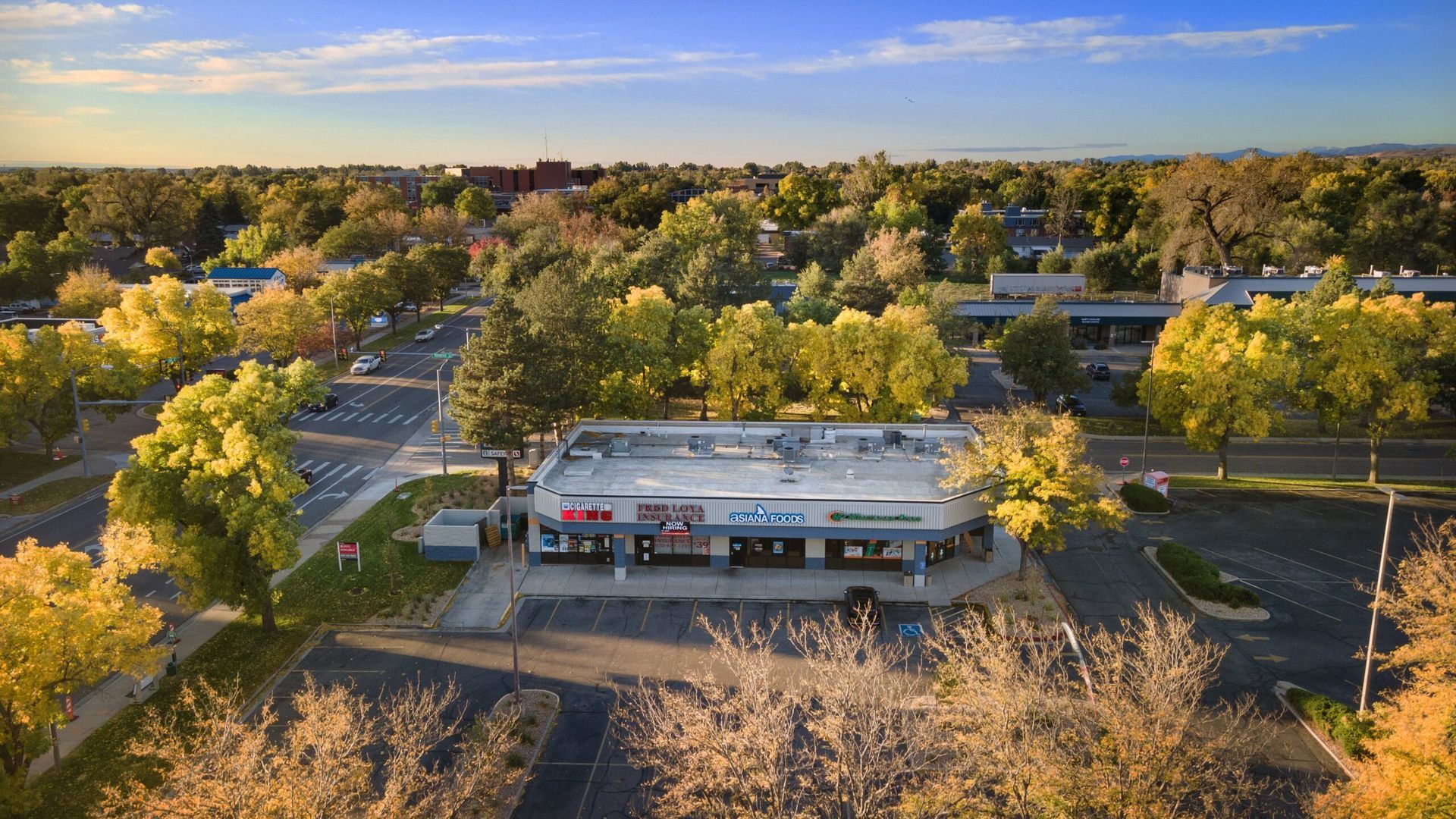 An aerial view of a shopping center surrounded by trees and a parking lot.