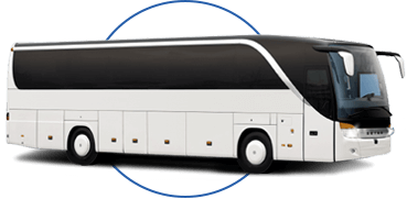 White and black coach bus in side view on a white background