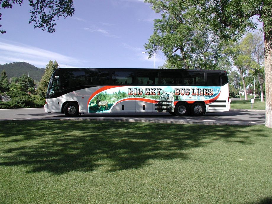 Tour bus with colorful desert mural parked by a green lawn and trees on a sunny day