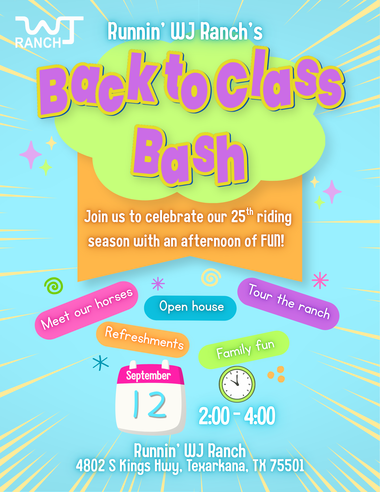 Colorful flyer for Runnin’ UJ Ranch’s Back to Class Bash, with event details and schedule