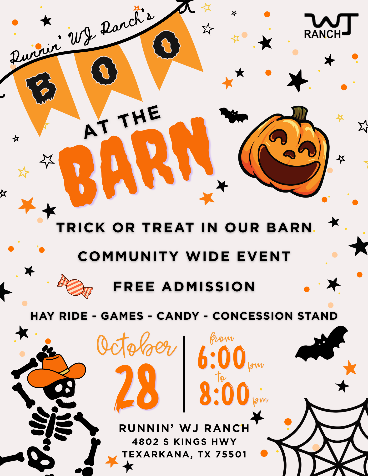 Halloween event flyer for “Boo at the Barn,” with pumpkin, skeleton, bats, spiderweb, and event details
