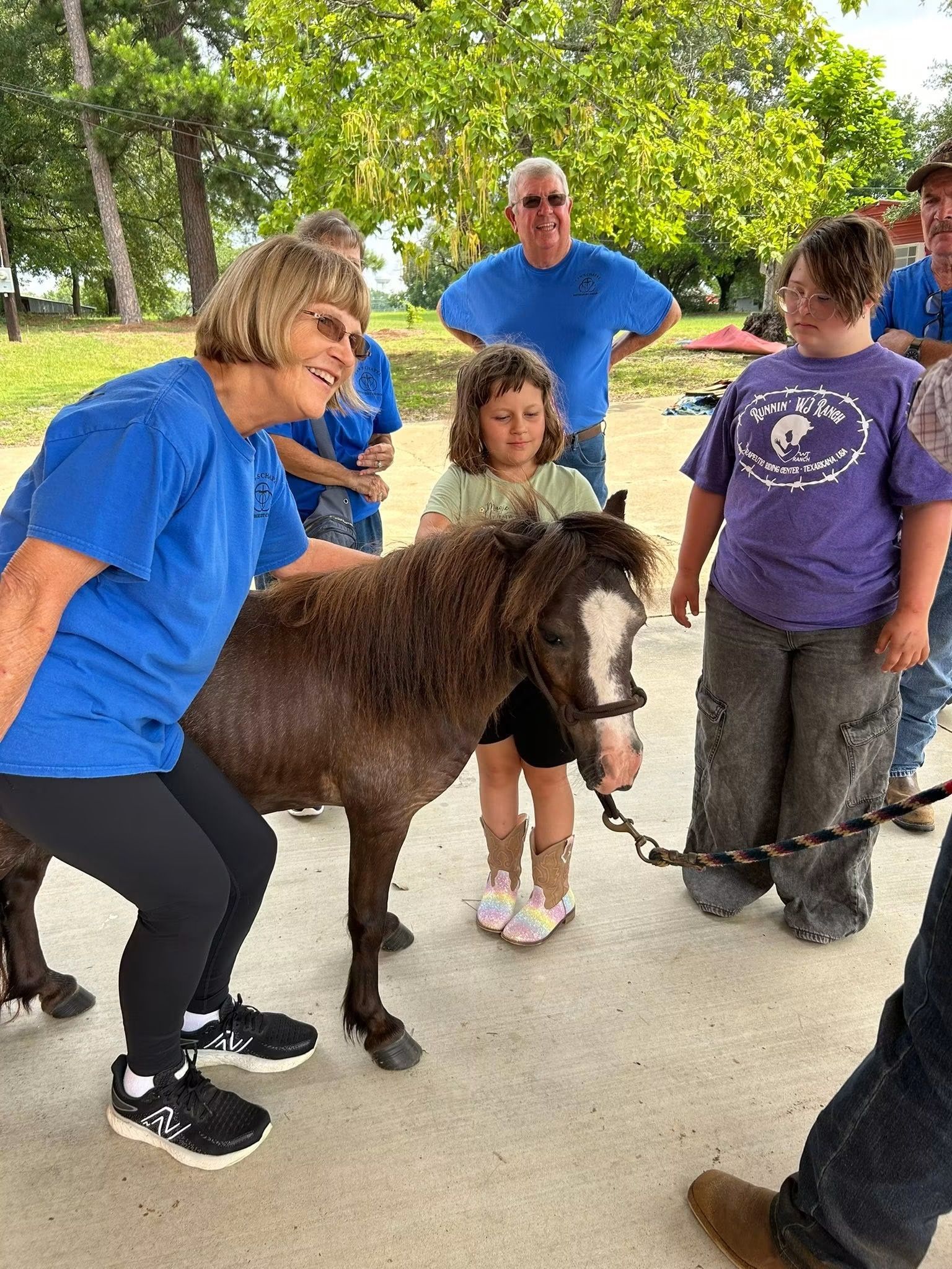 People gathering around a small pony on a leash in a park, one person petting it