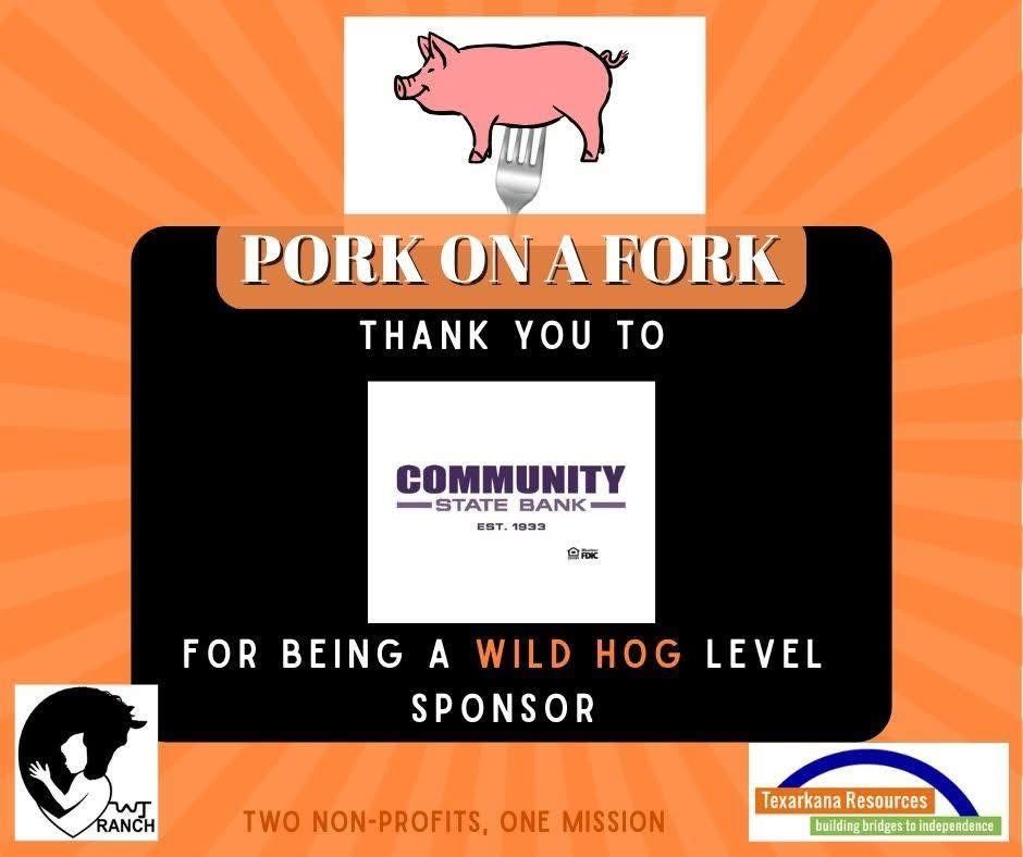 Orange sponsor poster thanking Community State Bank for being a wild hog level sponsor, with a pig on a fork.
