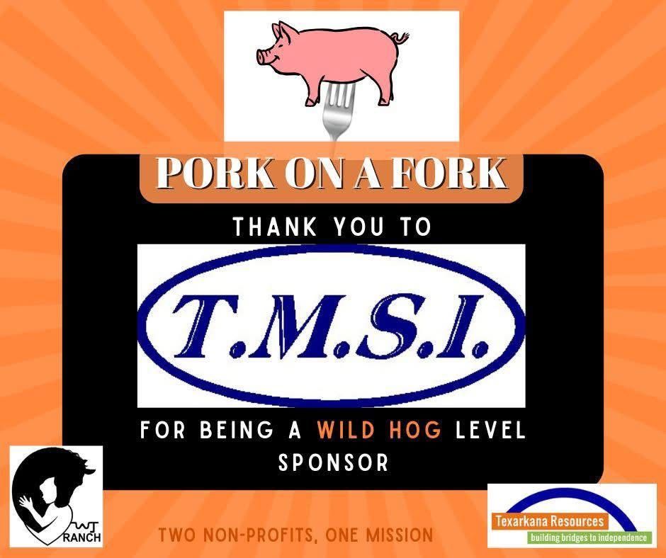 Pork on a Fork sponsor sign thanking T.M.S.I., with pink pig and black/orange background