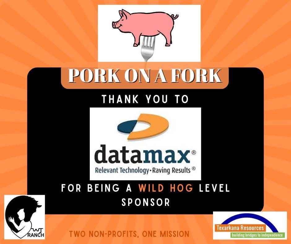 Pork on a Fork sponsor sign with a pig graphic and Datamax logo on orange background.