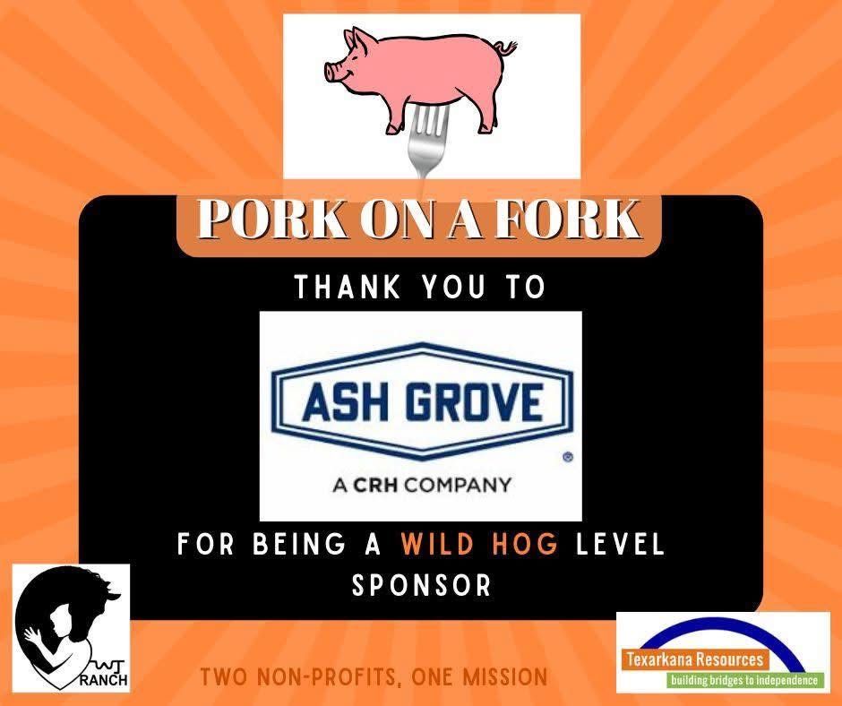 Pork on a Fork sponsor sign thanking Ash Grove, with pig logo and nonprofit logos on orange background